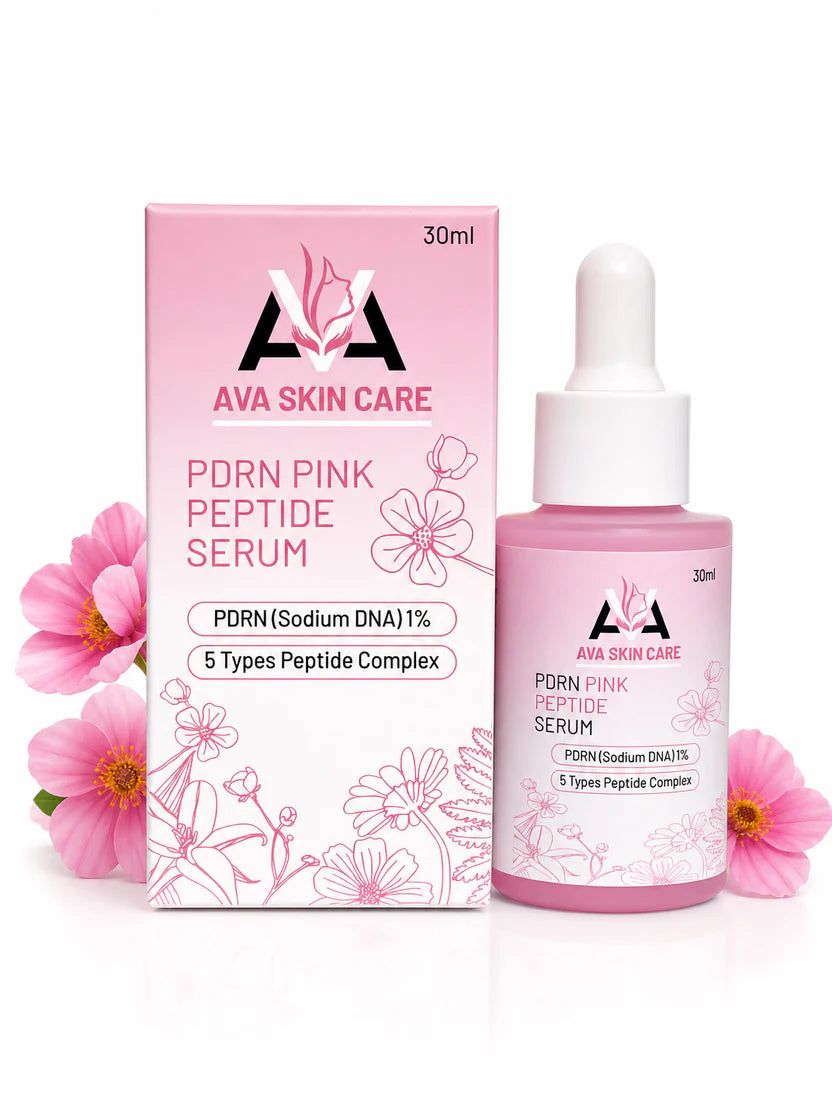 Ava Skin Care PDRN Pink Peptide Serum bottle and packaging with pink flowers