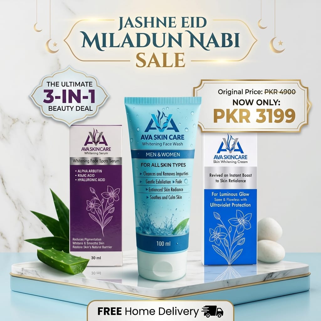 Ava Skin Care 3-in-1 Whitening Bundle including serum, face wash, and cream for Eid sale.