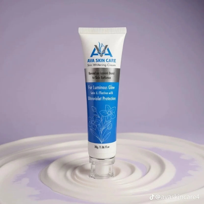Ava Skin Care Skin Whitening Cream tube placed on a swirl of white cream against a purple background.