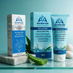 Ava Skin Care whitening cream and face wash set with aloe vera leaves on a glass surface.
