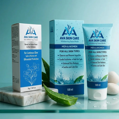 Ava Skin Care whitening cream and face wash set with aloe vera leaves on a glass surface.